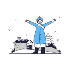 Stylized Illustration Of A Person In A Blue Winter Coat And Scarf With Arms Outstretched In A Snowy Landscape With Houses And Trees