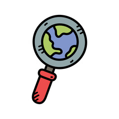 Stylized Illustration of a Magnifying Glass Focused on a Cartoon Earth Globe with Green Land Masses and Blue Oceans on a Transparent Background