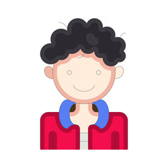 Stylized illustration of a person with dark curly hair and a red jacket over a blue collar against a transparent background.