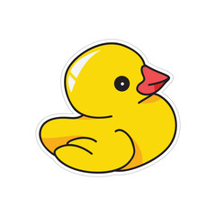 Bright yellow cartoon rubber duck toy with a red beak and black eye on a plain white background perfect for bath time fun and childhood play