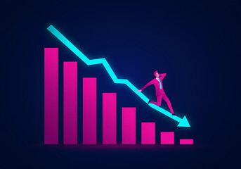 A man in a suit struggles to stay on a downward trending line graph with pink columns.