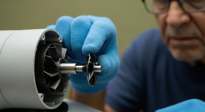 Skilled technician in blue gloves carefully assembling mechanical turbine parts with precision and attention to detail for industrial machinery maintenance and repair - Powered by Adobe