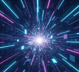 Naklejka premium Abstract tunnel of blue and pink neon lights converging to bright center point