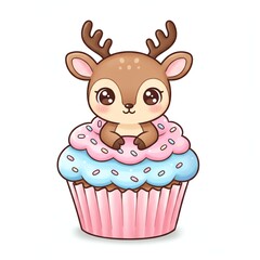 Cute cartoon deer sits in a cupcake with pink and blue frosting and sprinkles