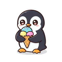 Cute cartoon penguin holding an ice cream cone with three scoops