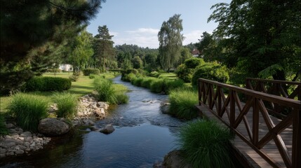 Serene Eco-Friendly Park with Flowing Stream and Wooden Bridge on a Bright Sunny Day