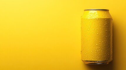 Yellow soda can with water droplets on a yellow background.