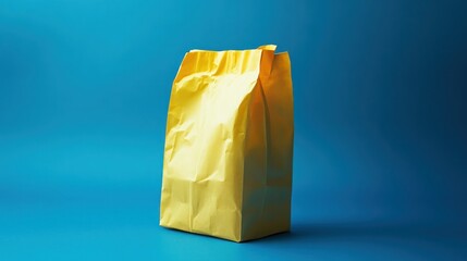 Bright yellow paper bag on a vibrant blue background.