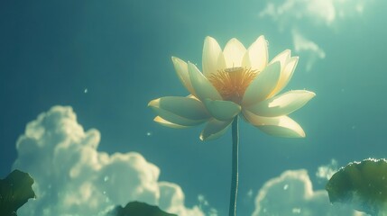 A vibrant, pale yellow lotus flower blossoms against a vibrant blue sky dotted with fluffy white clouds, showcasing a serene and peaceful natural scene.