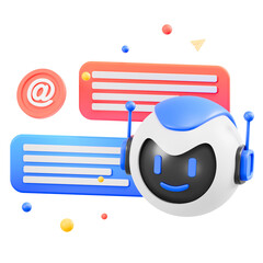 Friendly Robot Head with Chat Bubbles and Email Icon in 3D Illustration with Transparent Background