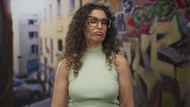 Young hispanic woman wearing glasses looking sideways beside colorful graffiti on narrow city street; doubt uncertainty.