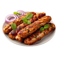 Transparent Png of Perfectly Grilled Chicken Kebabs on a White Plate, Garnished with Fresh Mint Leaves and Vibrant Red Onion Slices, Ready to Serve © ECLIVN