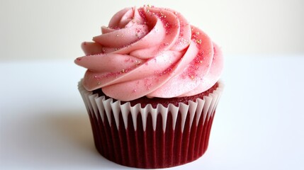 A beautifully decorated red velvet cupcake topped with pink frosting and sparkling sprinkles, perfect for celebrations and sweet indulgence.