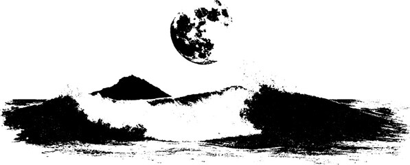 Obraz premium Celestial moon over ocean waves in black and white stencil art for wall decor or poster design