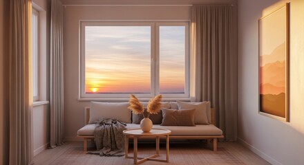 Calm interior living room is illuminated by golden sunset hues and daylight that pours through the windows, revealing a comfortable couch, side table, decorative vase, and warm colors of the late...