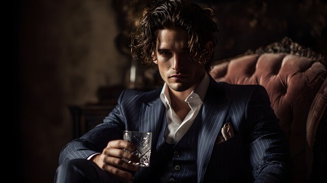 Handsome man in suit holding whiskey glass fashion model portrait luxury lifestyle style
