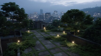 Naklejka premium Futuristic Urban Landscape at Dusk with Wireless Connections and Mesh Node Structure