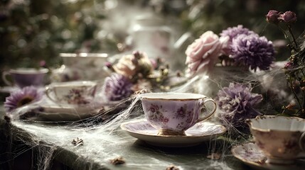 Elegant vintage tea party with floral teacups and delicate decorations stock photo images