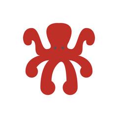 Stylized Red Octopus Illustration with Eight Arms and Two Grey Eyes Centered on a White Background