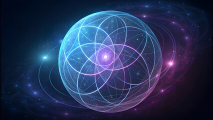 Luminous abstract sphere with interconnected geometric patterns and glowing orbits