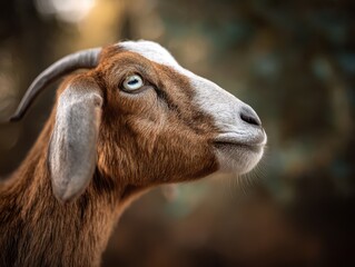 Fototapeta premium Side profile of a goat with a brown coat and white facial markings, gazing upwards. Blurred green and brown background enhances the focus on the animal's expressive, light-colored eyes