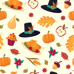 Thanksgiving Pattern Featuring Roasted Turkey Apples Pumpkins Pilgrim Hats and Fall Leaves on a Cream Background