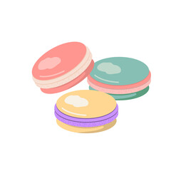 Three pastel colored macarons with delicate creamy filling stacked in a pile on a white background sweet pastry dessert.