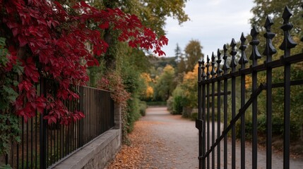 Fototapeta premium Autumn Heritage Garden With Bright Red Leaves Framed by an Open Gate