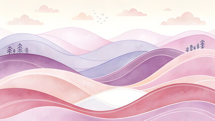 Dreamy watercolor landscape with rolling hills and tiny figures