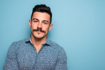 Obraz premium Man with a neatly styled mustache and short black hair, wearing a patterned shirt, smiles confidently against a plain backdrop, exuding a sense of style and charisma