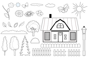 Cartoon house with landscape elements for coloring book page. Vector illusrtation	
