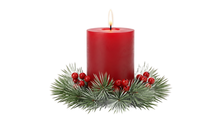 Red Candle Decoration Surrounded by Pine, Holiday Atmosphere, Photography, Indoor Setting, Warm Glow Concept