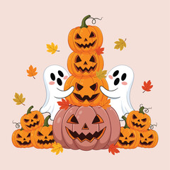 Cute halloween stack of pumpkins with friendly ghosts and autumn leaves