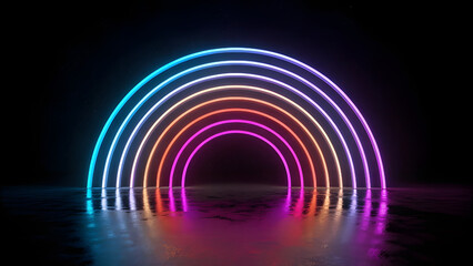 Vibrant neon rainbow archway with reflective surface