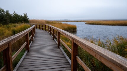 Obraz premium Scenic Boardwalk Winding Through Wetlands, Showcasing Wildlife and Tranquil Landscapes