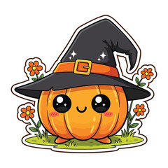 Cute halloween witch pumpkin character with big eyes and hat