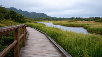 Obraz premium Winding Boardwalk Through Serene Wetlands with Lush Greenery and Calm Waters
