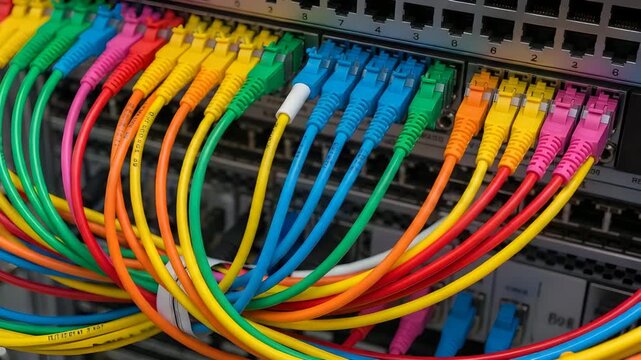 Closeup of colorful network cables plugged into a server rack, highlighting connectivity