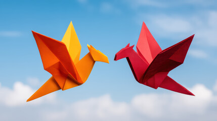 Two vibrant origami birds, one orange and one red, are gracefully soaring against a bright blue sky with fluffy clouds.