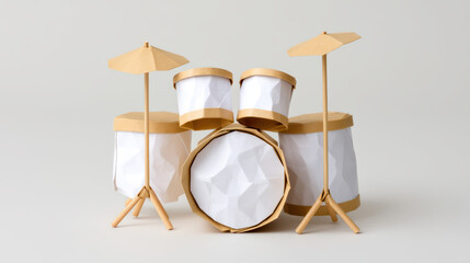A geometric drum set made of white paper with wooden accents, featuring umbrella-like cymbals, creating a unique artistic design.
