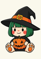 Cute cartoon witch holding a jack o lantern pumpkin