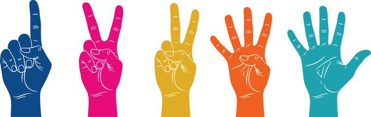 Set of multicolored hands showing finger counting from one to five, a diverse and educational visual concept