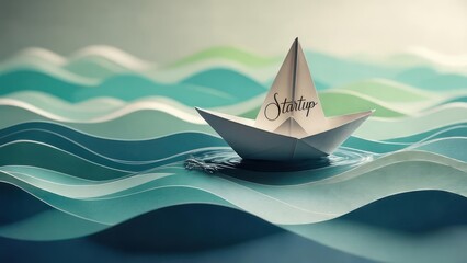 Fototapeta premium Paper Boat Sailing on Paper Waves - A Serene Miniature Scene.