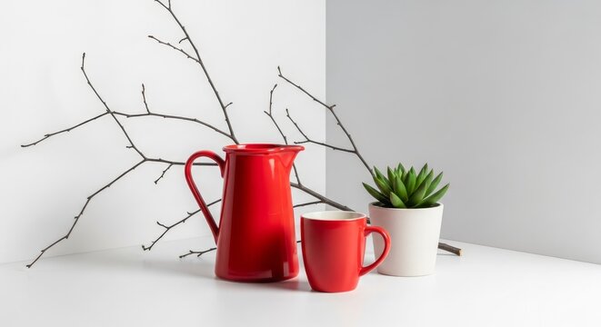 Red Pitcher and Mug with Plant and Branches on White Background.