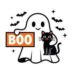 Cute cartoon ghost holding a boo sign with a black cat and bats