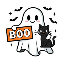 Cute cartoon ghost holding a boo sign with a black cat and bats