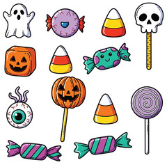 Whimsical halloween candy assortment with spooky treats and lollipops