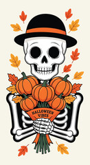 Cute skeleton wearing a hat holding a basket of pumpkins and autumn leaves for halloween
