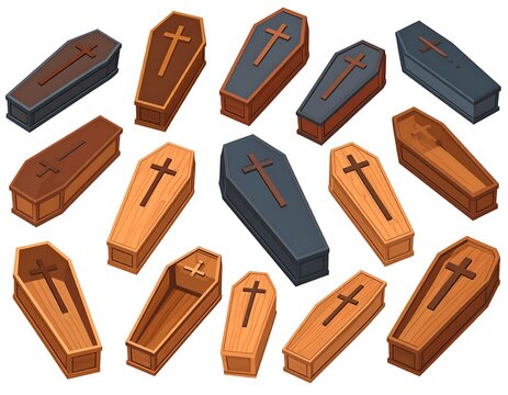Various wooden coffins with crosses displayed in an isometric view.