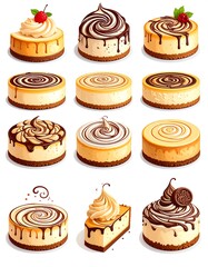Various delicious cheesecake desserts, each with unique toppings and swirls of chocolate and cream.